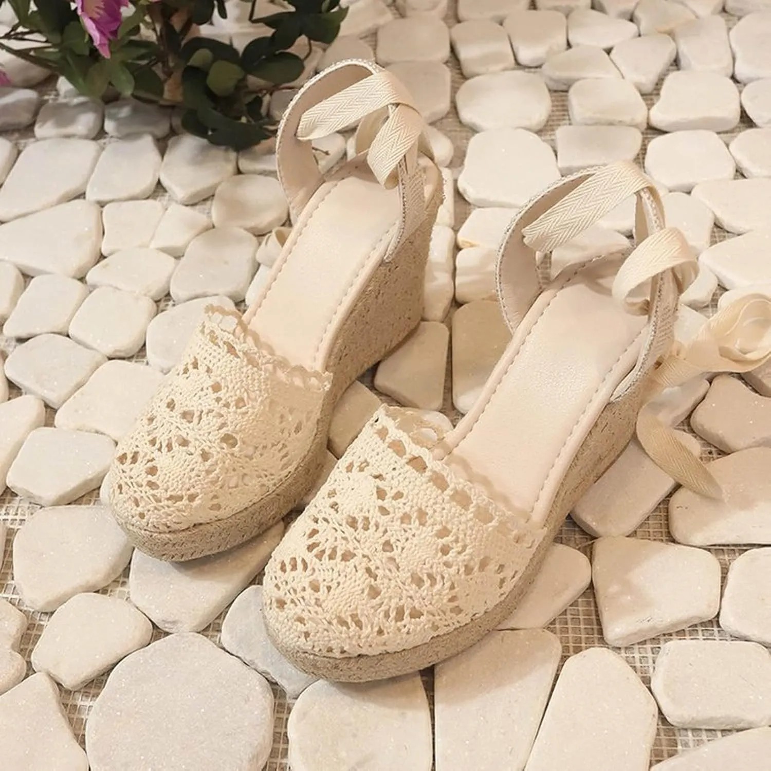 Women's Espadrille Wedge Sandal Hollow Closed Toe High Platforms Lace Up Dressy Summer Sandals Slip On Casual Shoes