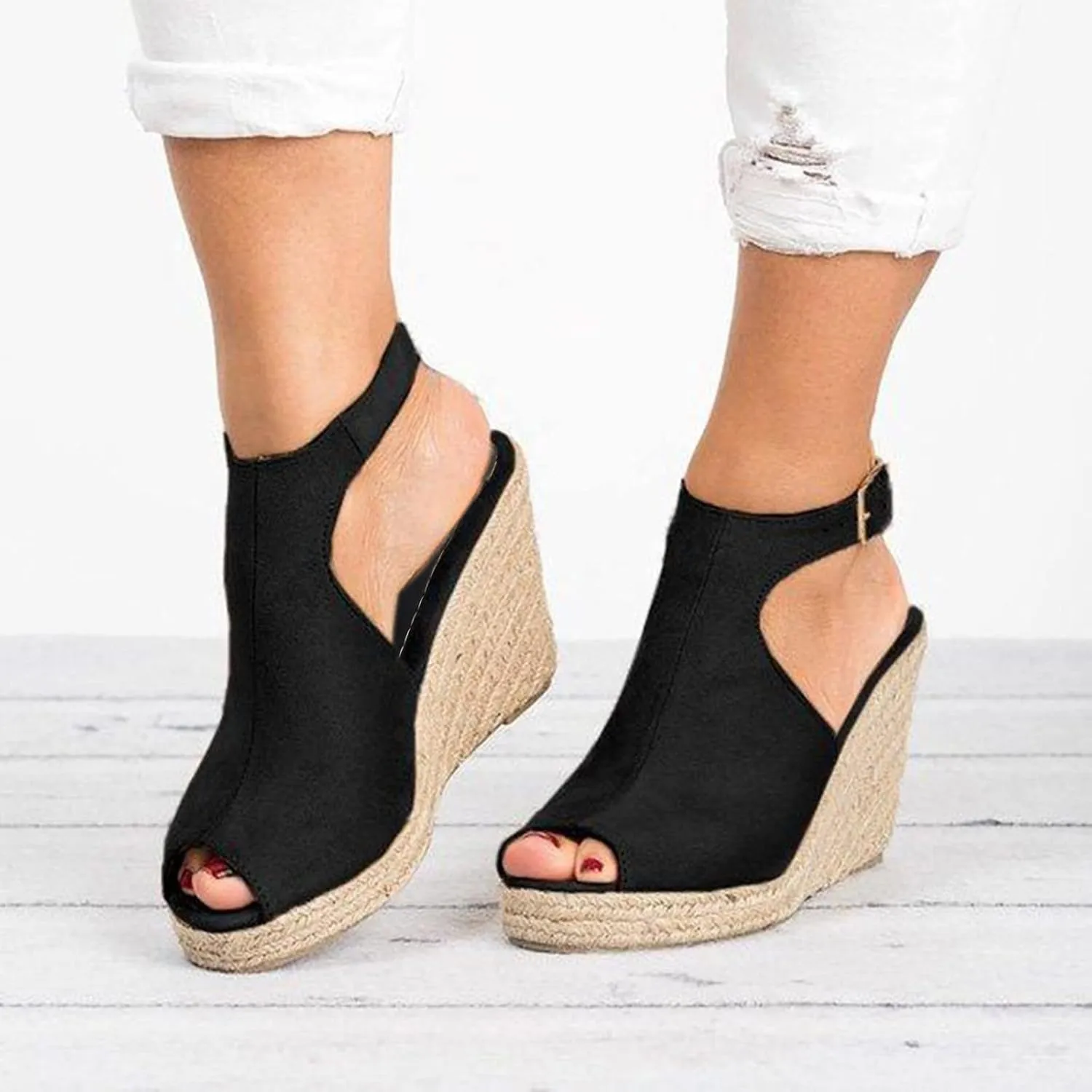 Women's Espadrille Wedges Sandals Slingback Buckle Strap Open Toe Platform Slip on Casual T Strap Heels Beach Shoes