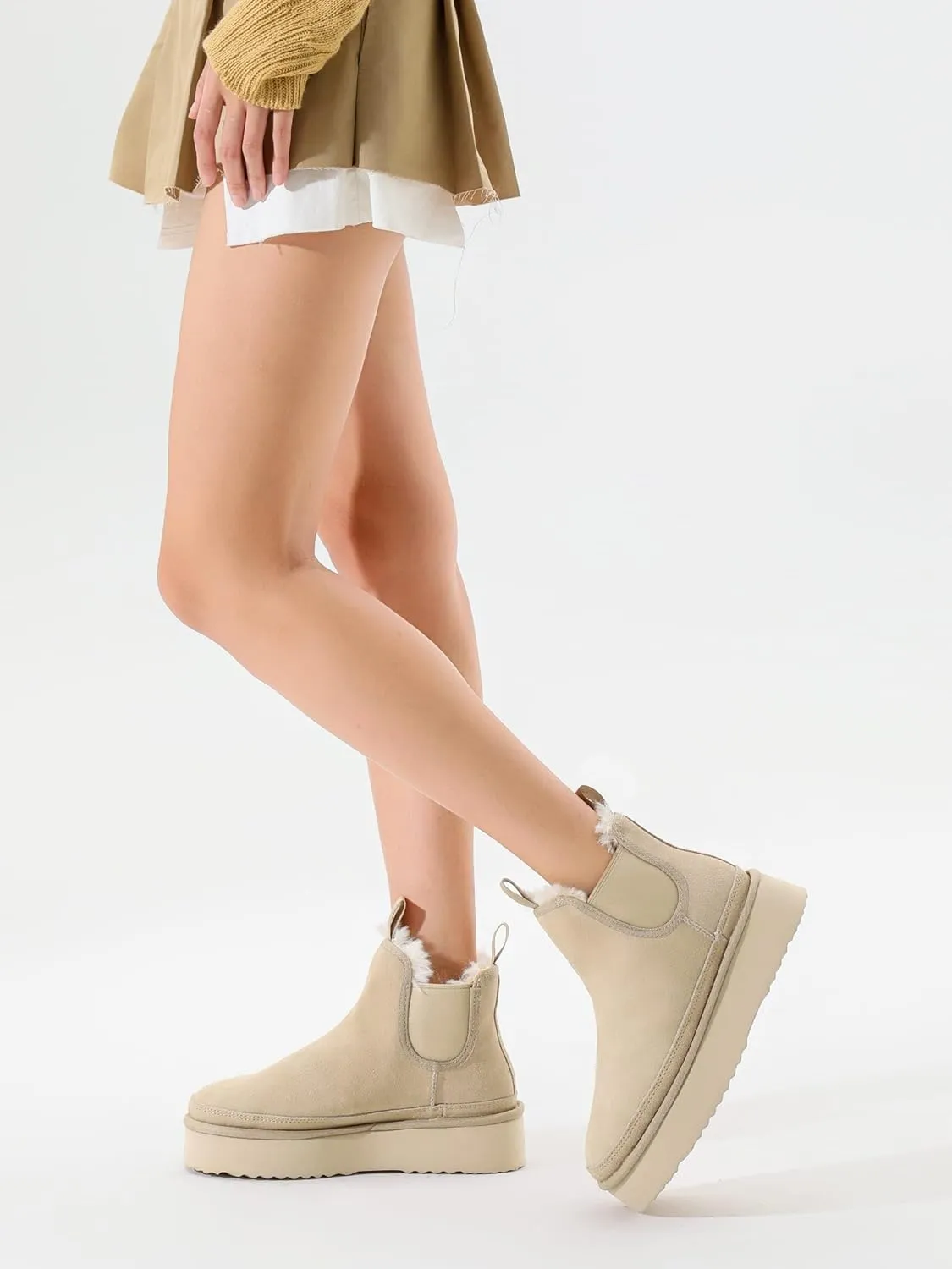 Women's Mini Snow Boots Platform Chelsea Winter Warm Faux Fur Lined Suede Indoor Outdoor Anti-Slip Classic Comfortable Flat Ankle Bootie