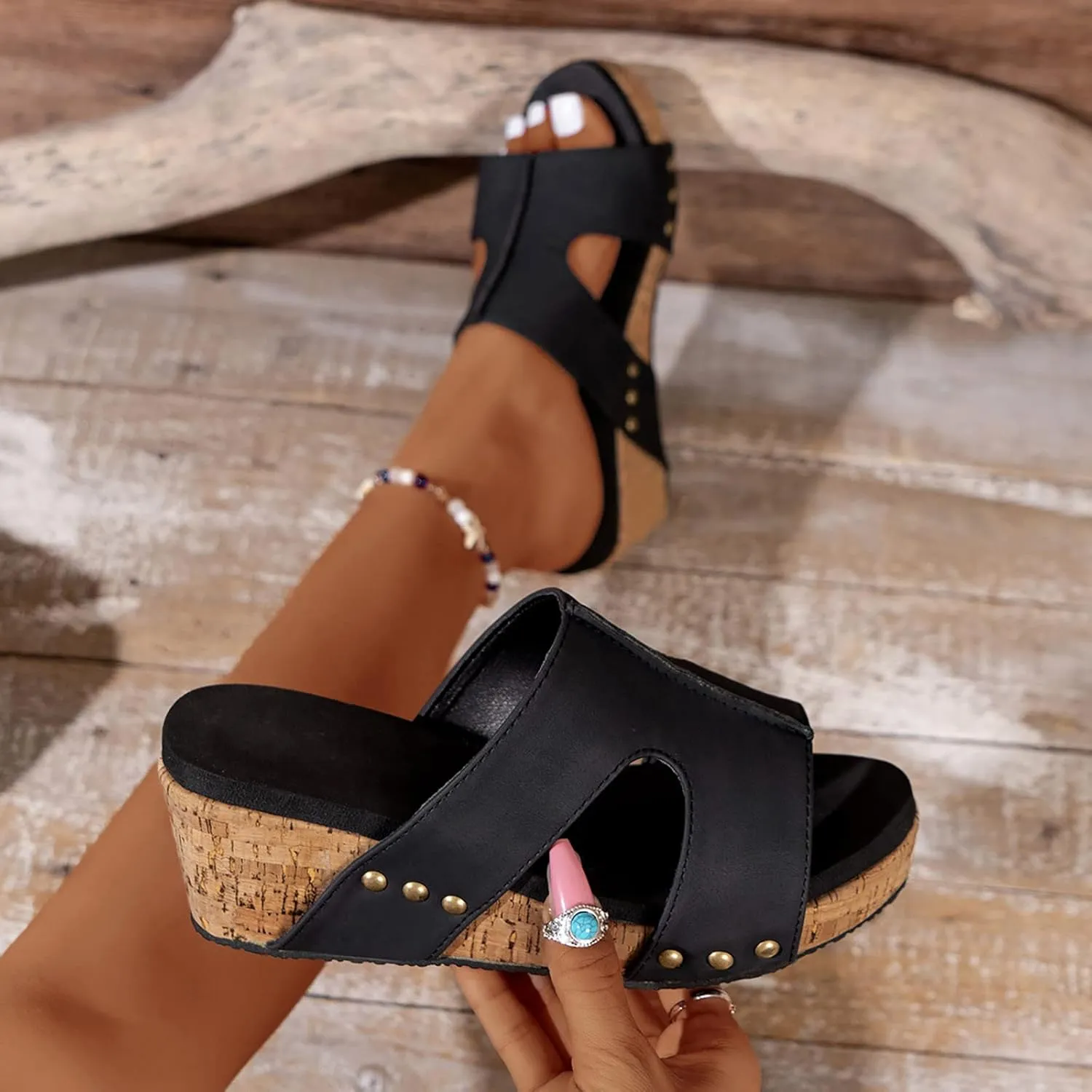 Womens Wedge Sandals Slides Open Toe Slip On Platform High Heeled Casual Summer Shoes Comfortable Cork Sandalias