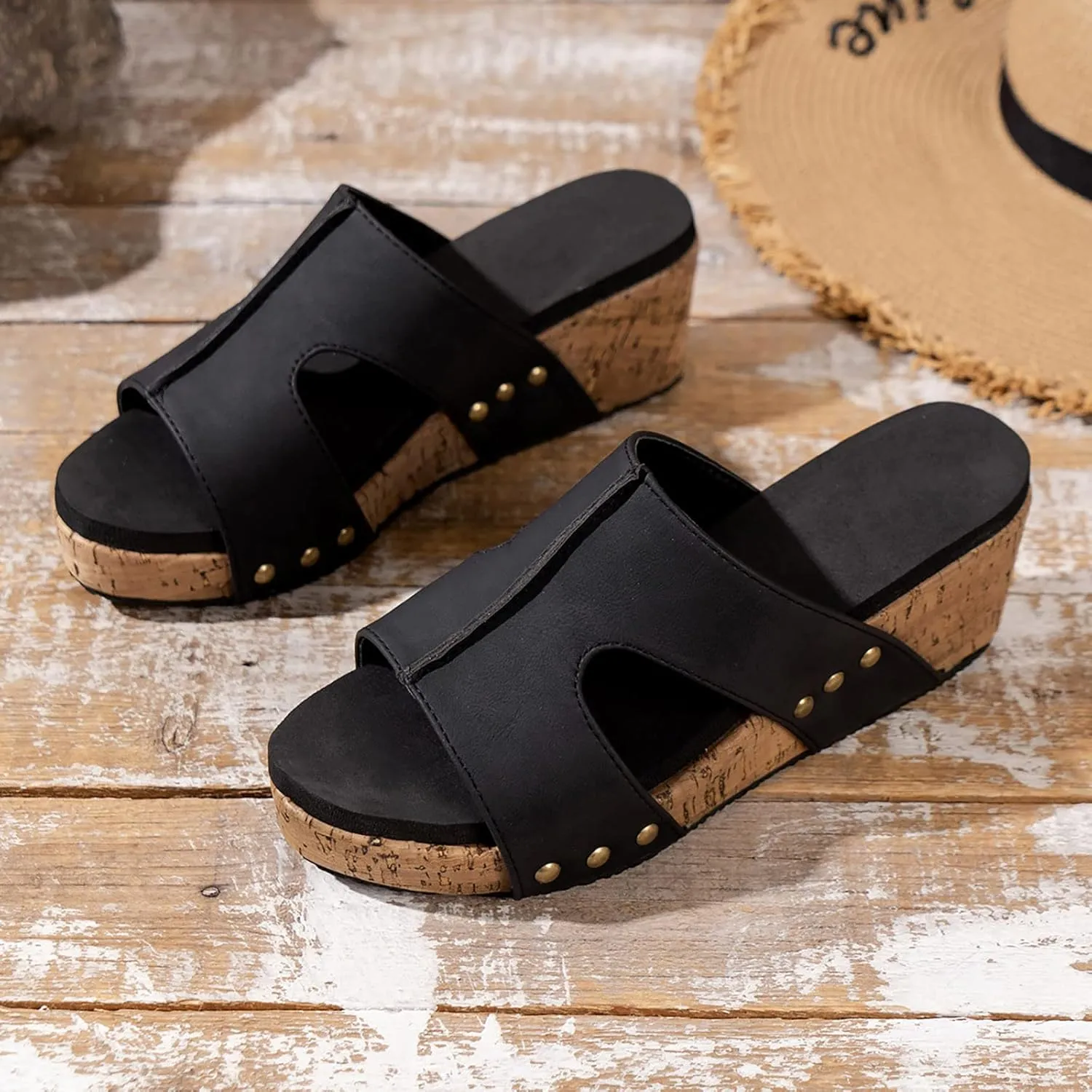 Womens Wedge Sandals Slides Open Toe Slip On Platform High Heeled Casual Summer Shoes Comfortable Cork Sandalias