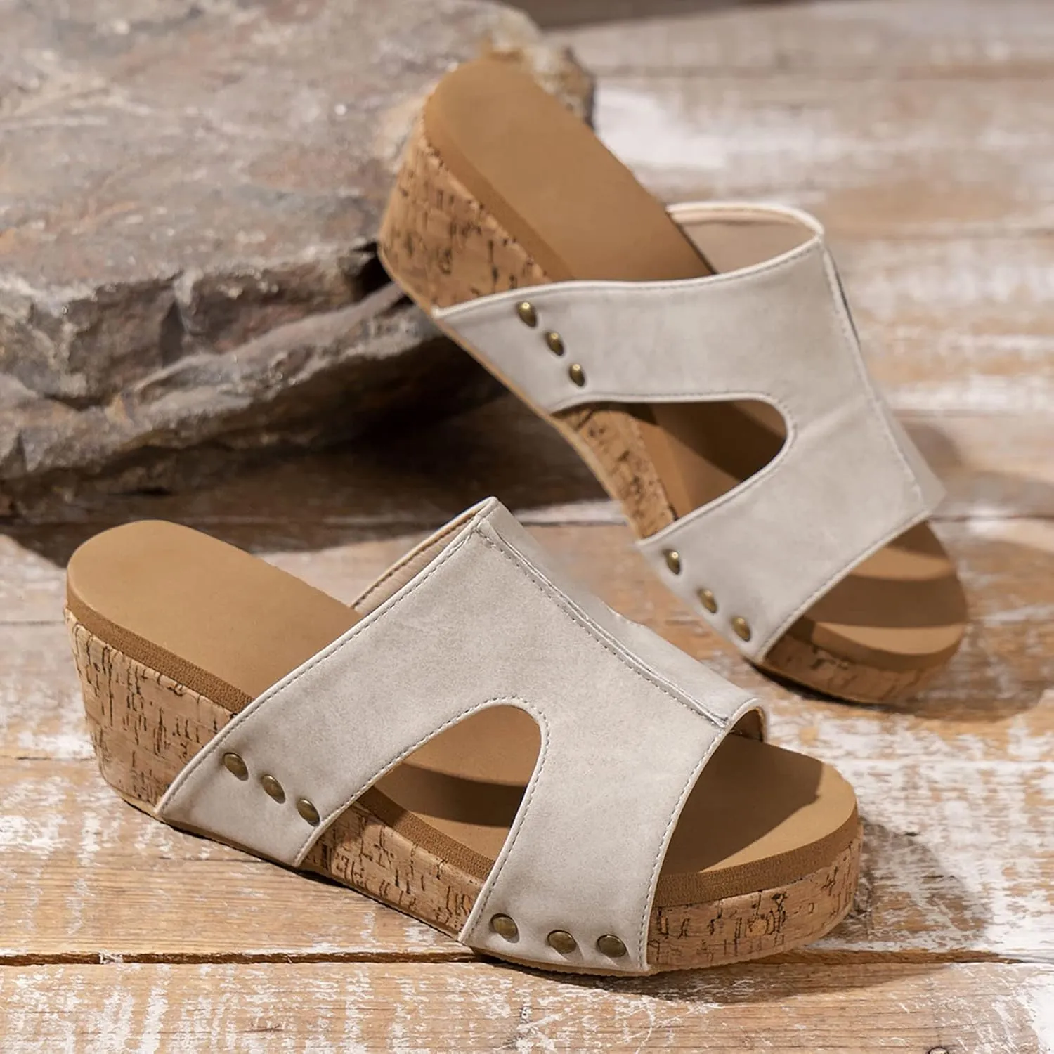 Womens Wedge Sandals Slides Open Toe Slip On Platform High Heeled Casual Summer Shoes Comfortable Cork Sandalias